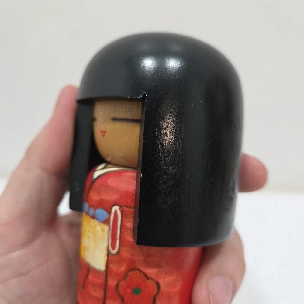 Vintage Japanese Carved Wooden Traditional Girl Kokeshi Doll Black Hair 5